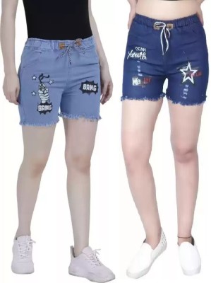 GLAMHOOD Short For Girls Party Printed Denim(Blue, Pack of 2)