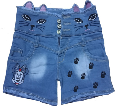 Bikram Short For Girls Casual Self Design Denim(Blue, Pack of 1)