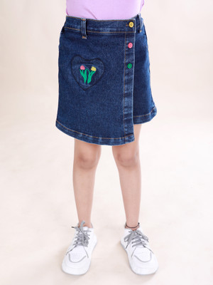 KiddoPanti Short For Girls Casual Embriodered Denim(Dark Blue, Pack of 1)