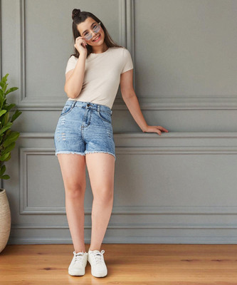 Mizuki Short For Girls Casual Solid Denim(Blue, Pack of 1)