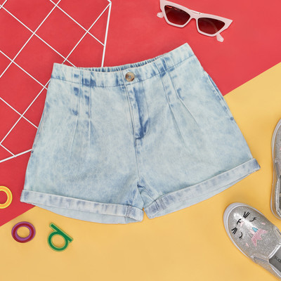 Pantaloons Junior Short For Girls Casual Dyed/Washed Pure Cotton(Blue, Pack of 1)