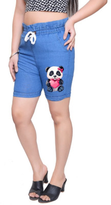 4M SALES Short For Girls Casual Graphic Print Denim(Light Blue, Pack of 1)