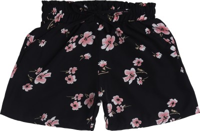 Arshia Fashions Short For Girls Casual Floral Print Crepe(Black, Pack of 1)