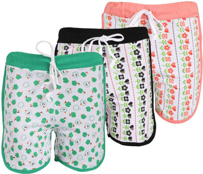 Wee Care Short For Girls Casual Printed Cotton Linen(Black, Pack of 3)