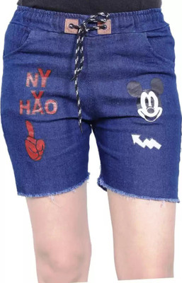 GLAMHOOD Short For Girls Casual Printed Denim(Blue, Pack of 1)