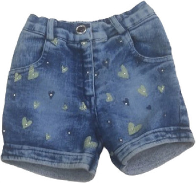 PK Collection Short For Girls Party Floral Print Denim(Blue, Pack of 1)
