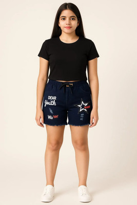 seetoo Short For Girls Casual Printed Denim(Dark Blue, Pack of 1)