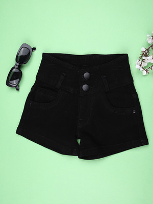 V-MART Short For Girls Casual Solid Denim(Black, Pack of 1)