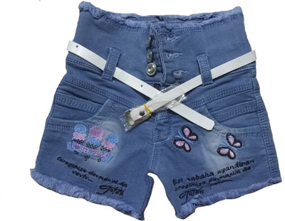 Bikram Short For Girls Casual Embriodered Denim(Light Blue, Pack of 1)