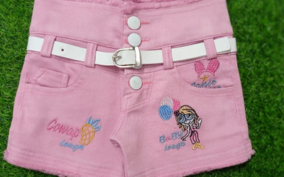 KAPDAWALAH Short For Girls Casual Embriodered Denim(Pink, Pack of 1)