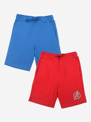 YK Marvel Short For Boys Casual Solid, Printed Cotton Blend(Blue, Red, Pack of 2)