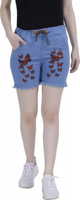 Qtsy Short For Girls Casual Printed Denim(Blue, Pack of 1)