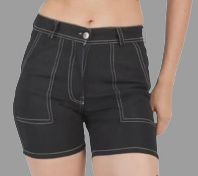 GORIYA Short For Girls Casual Solid Denim(Black, Pack of 1)