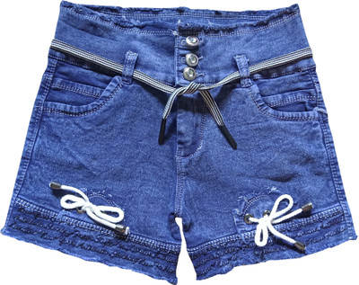 Bikram Short For Girls Casual Dyed/Washed Denim(Blue, Pack of 1)