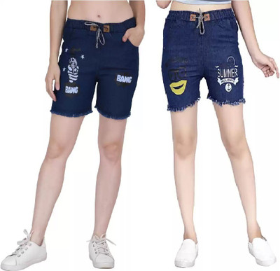 GLAMHOOD Short For Girls Casual Printed Denim(Blue, Pack of 2)