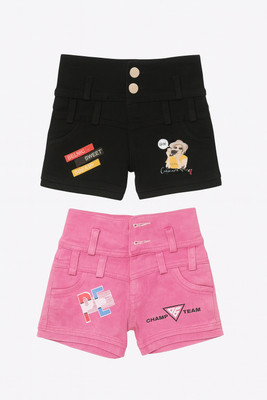 FFION Short For Girls Casual Printed Cotton Blend(Black, Pink, Pack of 1)