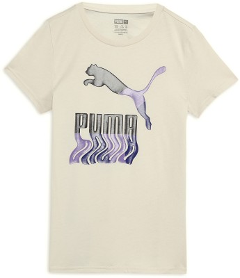 PUMA Girls Printed Cotton Blend Regular T Shirt(White, Pack of 1)