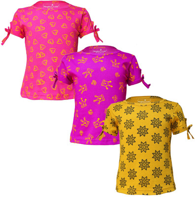 Just Live Fashionn Girls Printed Pure Cotton Regular T Shirt(Multicolor, Pack of 3)