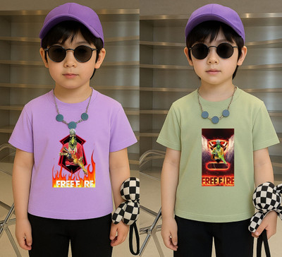 Lecowar Boys Printed Polyester Regular T Shirt(Purple, Green, Pack of 1)