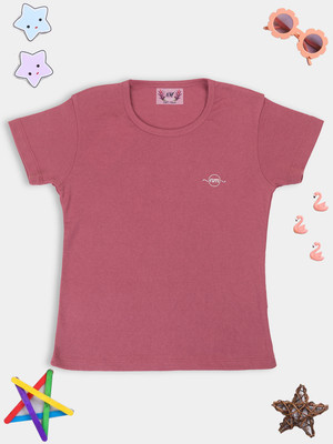 PAMPOLINA Girls Solid Cotton Blend Regular T Shirt(Pink, Pack of 1)