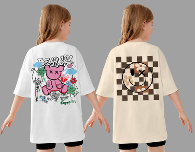 KEESOR Girls Printed Cotton Blend Oversized T Shirt(Multicolor, Pack of 2)