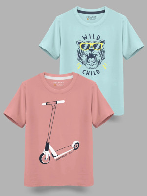 Hellcat Boys Printed Cotton Blend Regular T Shirt(Pink, Pack of 2)