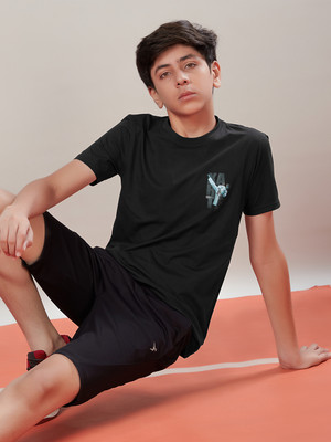 TECHNOSPORT Boys Printed Polyester Slim T Shirt(Black, Pack of 1)