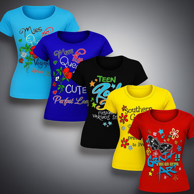 Fashionate World Girls Printed Pure Cotton Regular T Shirt(Multicolor, Pack of 5)