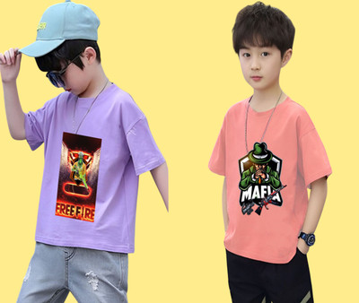 Kintu Parantu Boys Printed Polyester Regular T Shirt(Multicolor, Pack of 2)