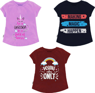 Miss & Chief Girls Printed Cotton Blend Regular T Shirt(Multicolor, Pack of 3)