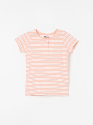 Fame Forever by Lifestyle Girls Striped Cotton Blend Regular T Shirt(Pink, Pack of 1)