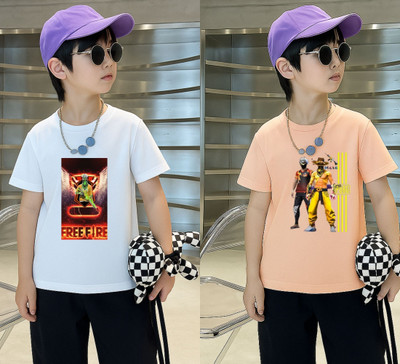 Lecowar Boys Printed Polyester Regular T Shirt(White, Pink, Pack of 1)