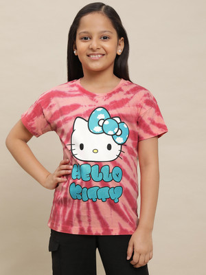 kidsville Girls Typography, Tie & Dye, Printed Pure Cotton Regular T Shirt(Pink, Pack of 1)