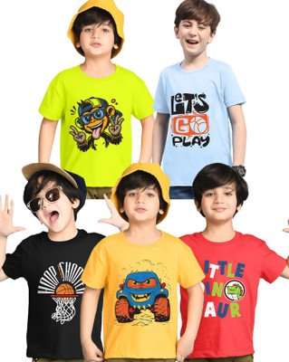 Kiddy Viddy Boys Printed Cotton Blend Regular T Shirt(Light Blue, Light Green, Pack of 5)