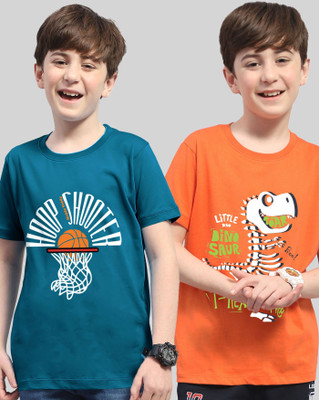 AUSK Boys Printed Cotton Blend Regular T Shirt(Orange, Blue, Pack of 2)