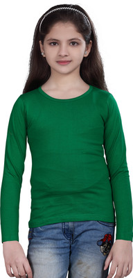 SINI MINI Girls Solid Pure Cotton Regular T Shirt(Green, Pack of 1)