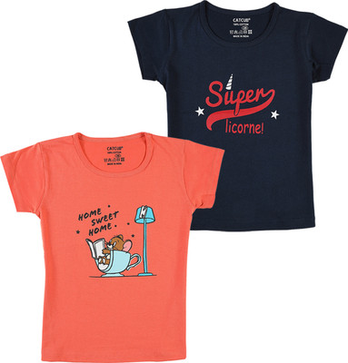 CATCUB Girls Printed Cotton Blend Regular T Shirt(Multicolor, Pack of 2)