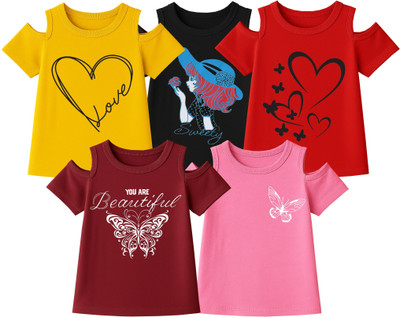 EyeWater Girls Printed Cotton Blend Regular T Shirt(Red, Pack of 5)
