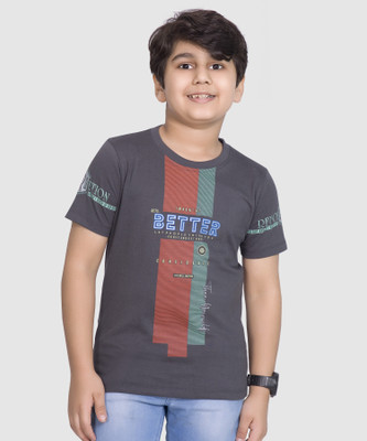 Little Funkyy Boys Typography, Graphic Print Cotton Blend Regular T Shirt(Grey, Pack of 1)