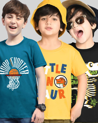 ENITOR Boys Graphic Print Cotton Blend Regular T Shirt(Yellow, Dark Blue, Pack of 3)