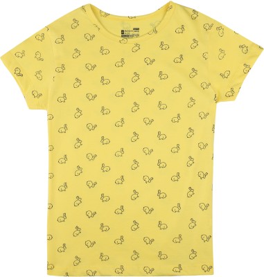 PROTEENS Girls Graphic Print Pure Cotton Regular T Shirt(Yellow, Pack of 1)