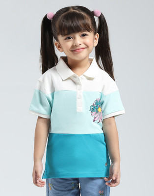 MONTE CARLO Girls Printed Cotton Blend Regular T Shirt(Blue, Pack of 1)