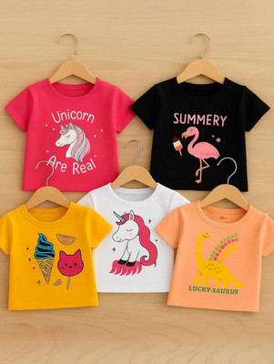 SABARI KNITS Girls Printed Cotton Blend Regular T Shirt(Multicolor, Pack of 5)