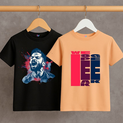 Kidloo Boys Printed Pure Cotton Regular T Shirt(Black, Orange, Pack of 2)
