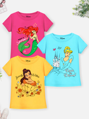 DISNEY BY MISS & CHIEF Girls Cartoon Cotton Blend Regular T Shirt(Multicolor, Pack of 3)
