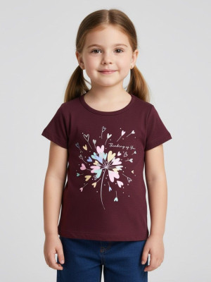 Pink Castle Girls Printed Cotton Blend Regular T Shirt(Maroon, Pack of 1)
