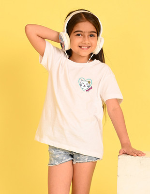Nusyl Girls Graphic Print Cotton Blend Oversized T Shirt(White, Pack of 1)