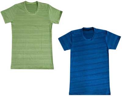 IndiWeaves Boys Striped Polyester Regular T Shirt(Blue, Pack of 2)