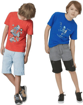 JAAGO Boys Printed Cotton Blend Regular T Shirt(Red, Blue, Pack of 2)