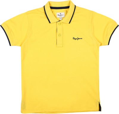 Pepe Jeans Boys Solid Cotton Blend Regular T Shirt(Yellow, Pack of 1)